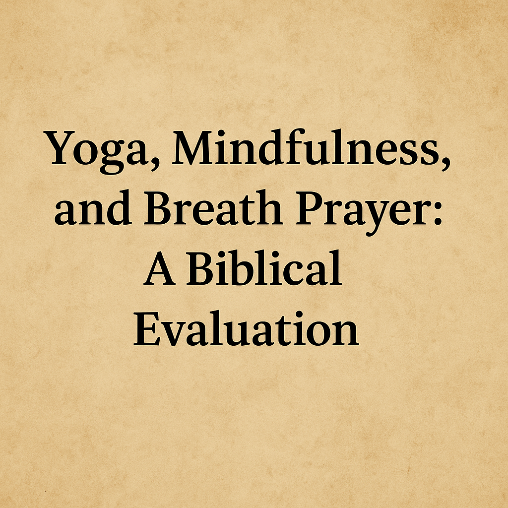 Parchment background with the title “Yoga, Mindfulness, and Breath Prayer: A Biblical Evaluation” in elegant serif font