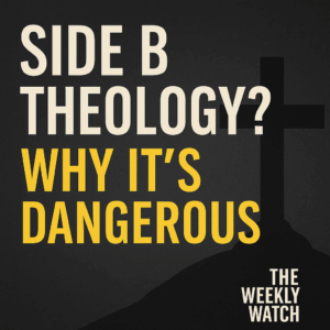 Graphic with bold text reading ‘Side B Theology? Why It’s Dangerous’ over a dark textured background with a cross silhouette. The Weekly Watch logo appears in the corner.