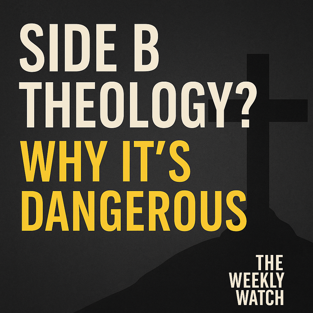 Graphic with bold text reading ‘Side B Theology? Why It’s Dangerous’ over a dark textured background with a cross silhouette. The Weekly Watch logo appears in the corner.