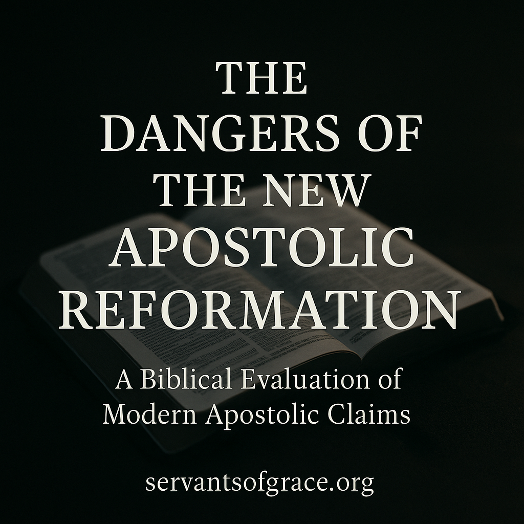 Open Bible on a dark background with overlaid text reading “The Dangers of the New Apostolic Reformation – A Biblical Evaluation of Modern Apostolic Claims” and the website servants of grace dot org.