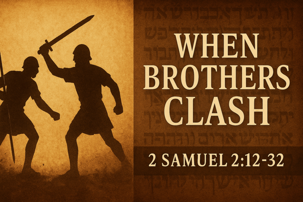 Illustration of two ancient warriors in combat with spear and sword, symbolizing the conflict between Joab and Abner in 2 Samuel 2:12–32, overlaid with the text “When Brothers Clash” on an aged parchment background.