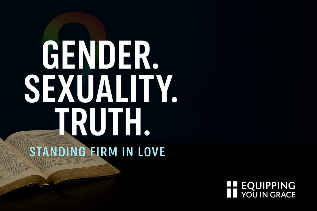 Equipping You in Grace episode graphic showing an open Bible with a rainbow question mark behind it and bold white text reading “GENDER. SEXUALITY. TRUTH.” with the subtitle “STANDING FIRM IN LOVE.”
