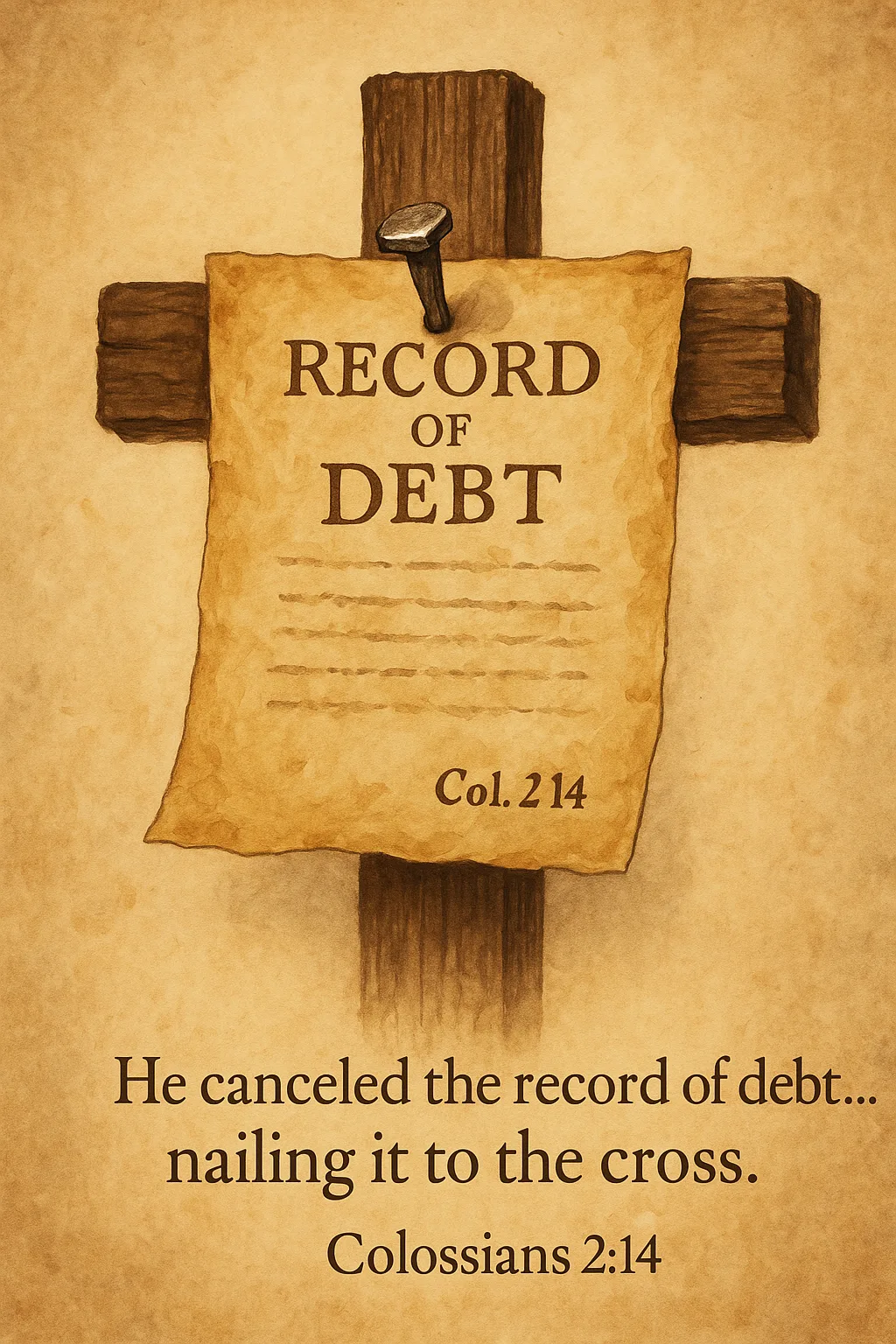 An aged parchment labeled 'Record of Debt' nailed to a wooden cross, symbolizing Christ’s victory over sin and spiritual darkness based on Colossians 2:14.
