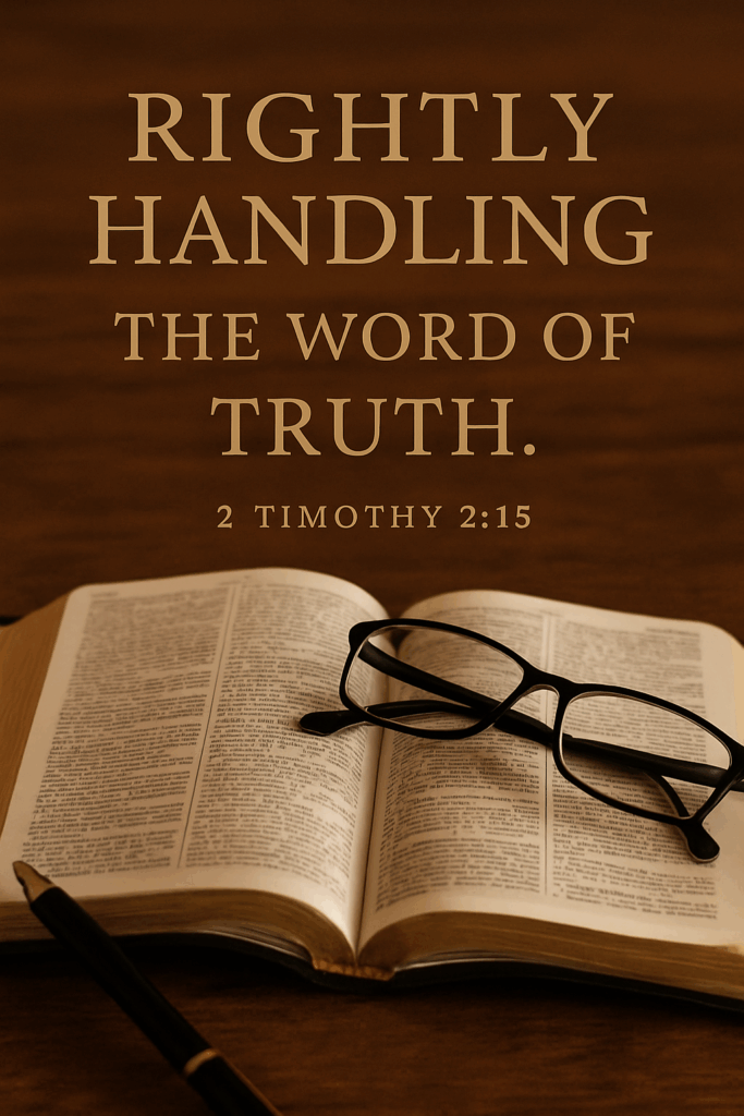 Open Bible on a wooden desk with reading glasses and 2 Timothy 2:15 overlay, illustrating rightly handling the Word of God.