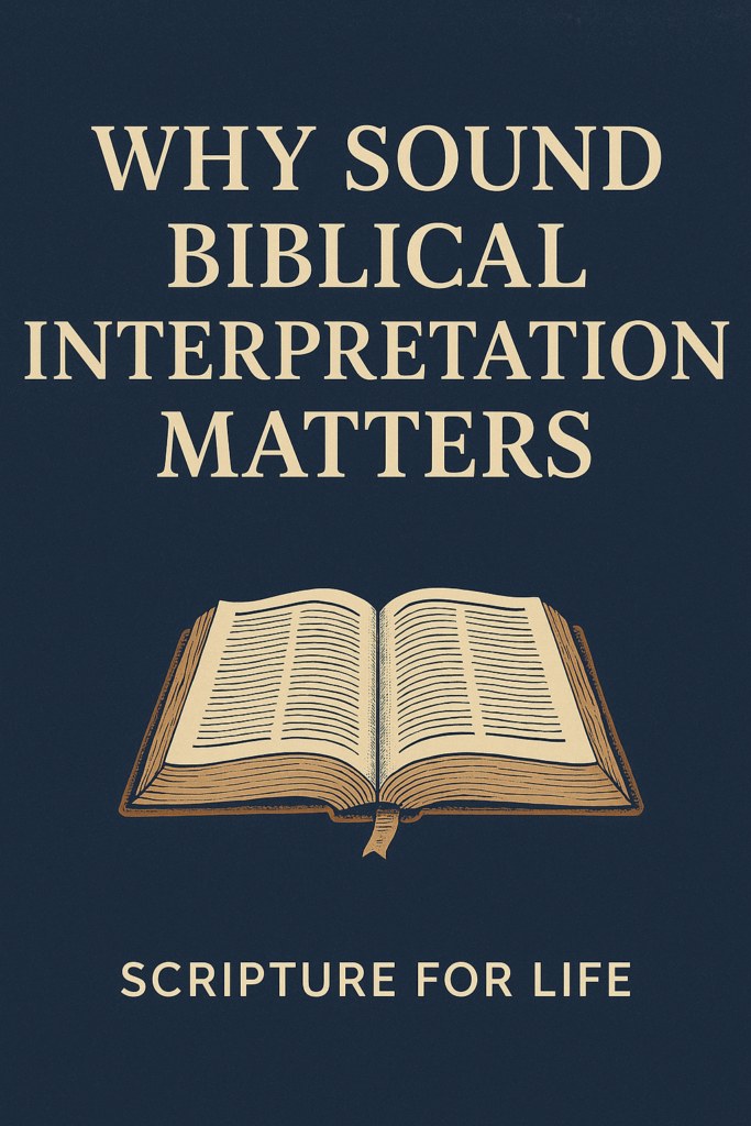 Digital graphic with the title 'Why Sound Biblical Interpretation Matters' by Dave Jenkins, part of the Scripture for Life series on Servants of Grace, featuring an open Bible with warm tones.