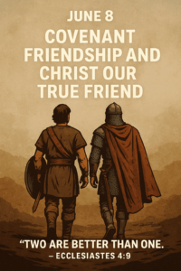Illustration of David and Jonathan forming a covenant friendship, symbolizing biblical loyalty and humility, reflecting 1 Samuel 18:1–5 from the Reading the Bible Daily with Dave podcast.