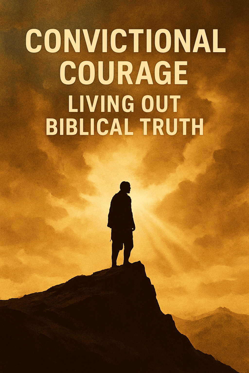 Silhouette of a person standing alone on a mountain peak, symbolizing courage and steadfast faith rooted in God's truth.