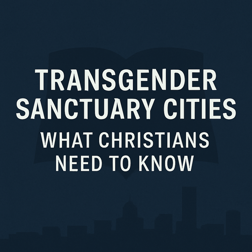 Equipping You in Grace episode graphic titled 'Transgender Sanctuary Cities: What Christians Need to Know' with a dark city backdrop and bold white text.