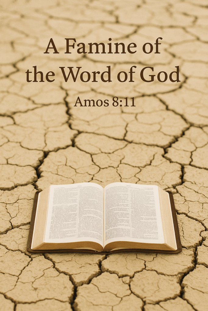 An open Bible resting on cracked, dry earth with the words ‘A Famine of the Word of God – Amos 8:11’ displayed above.