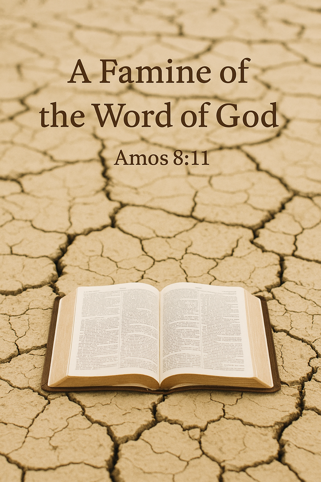 An open Bible resting on cracked, dry earth with the words ‘A Famine of the Word of God – Amos 8:11’ displayed above.