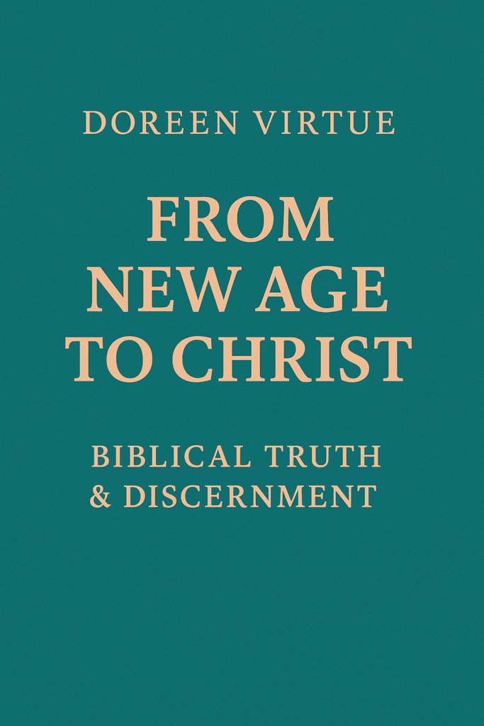 Doreen Virtue – From New Age to Christ banner in teal and peach tones with bold serif text and a clean, minimalist layout.