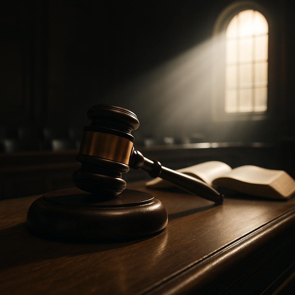 A gavel resting on a judge's bench with light shining down, symbolizing divine justice and mercy.