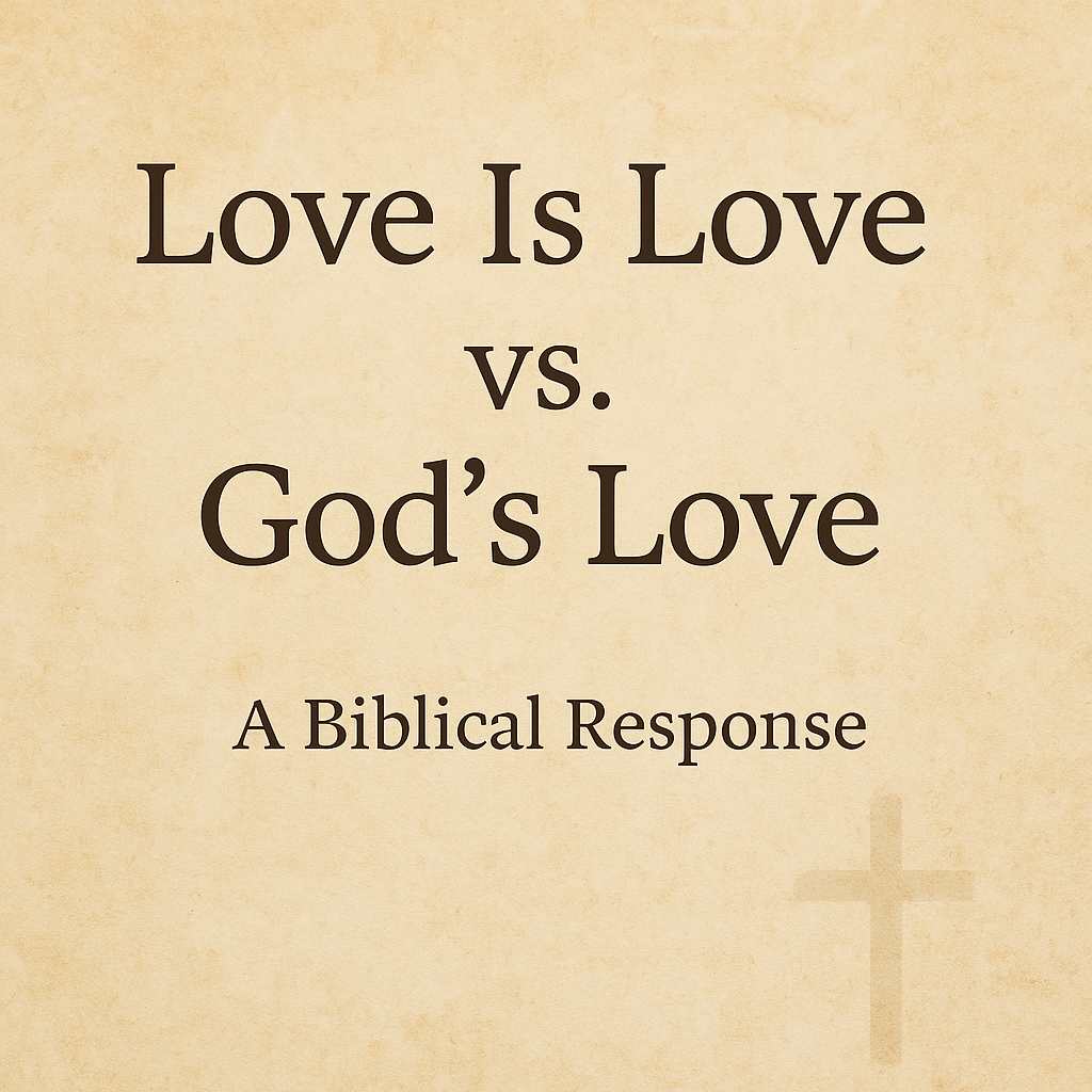Warm parchment background with the title “Love Is Love vs. God’s Love” in large dark serif letters, the subtitle “A Biblical Response” below, and a faint cross watermark in the bottom right corner.