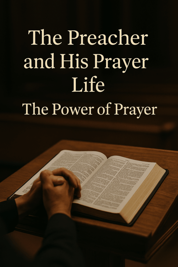 Pulpit with open Bible and hands folded in prayer, symbolizing the power of prayer in ministry.