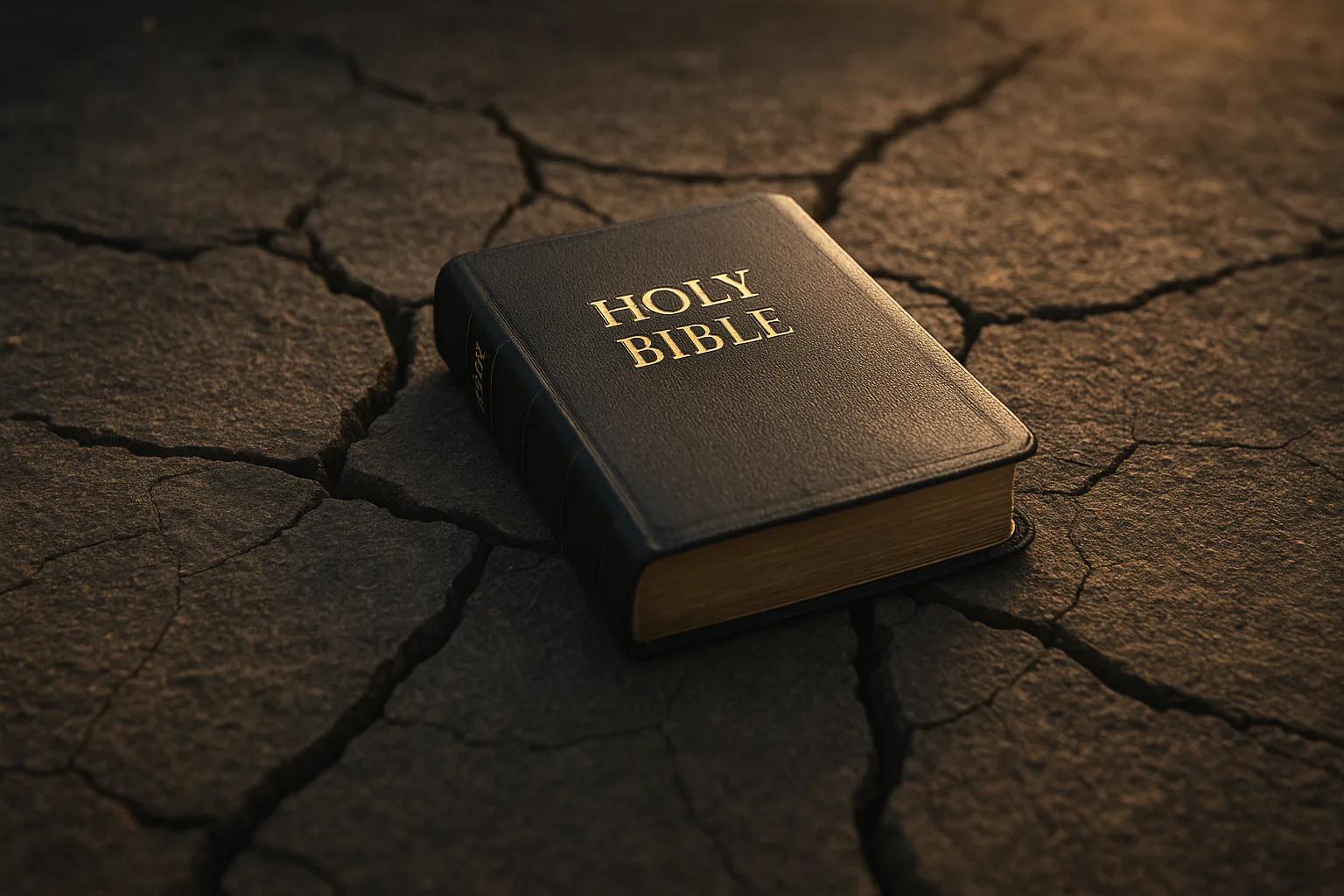 “Holy Bible resting on cracked, dry earth under warm light — symbolizing the unshakable truth of Scripture amid cultural and theological collapse.