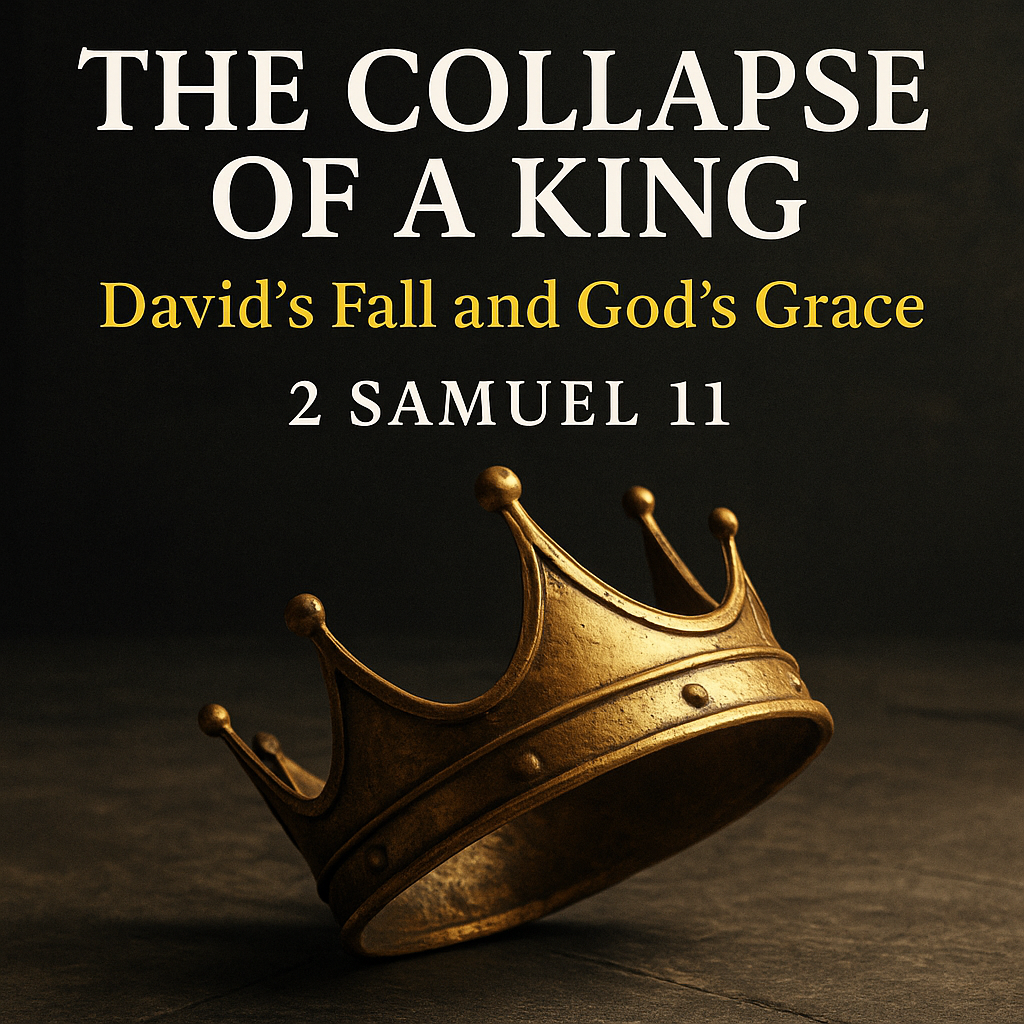 A weathered golden crown lies toppled on a dark stone floor under moody lighting. The text reads: “The Collapse of a King – David’s Fall and God’s Grace – 2 Samuel 11.” The image conveys the themes of fallen leadership, sin, and redemptive grace.