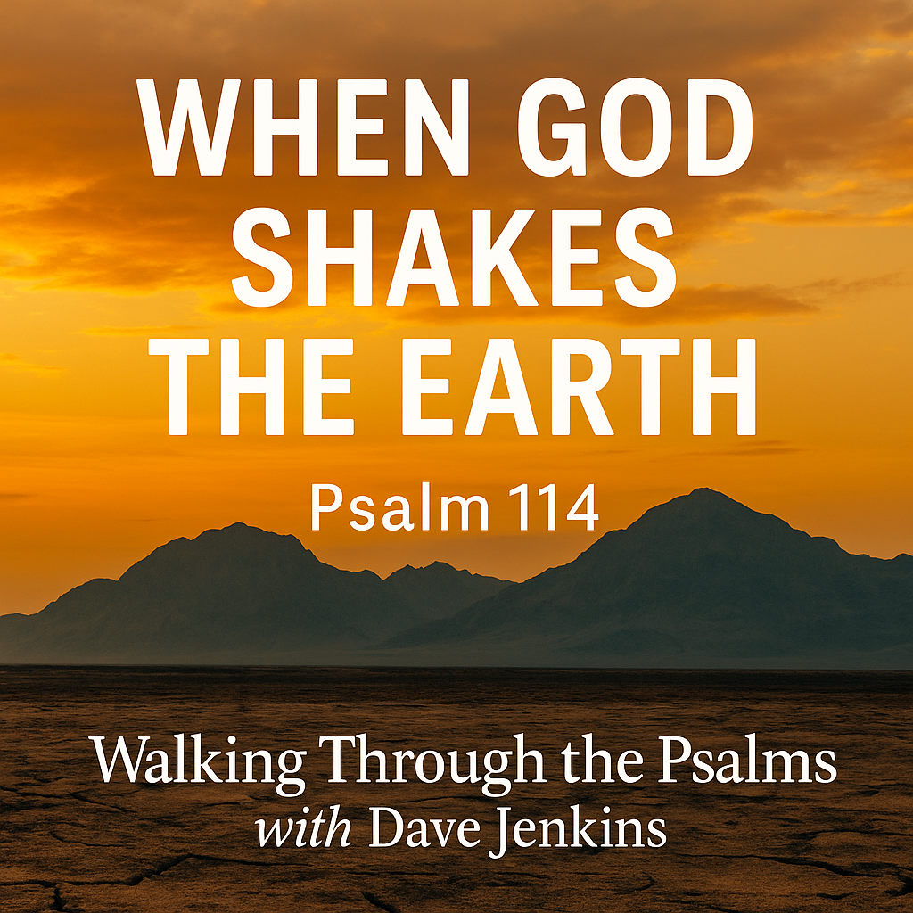 Cracked earth and trembling mountains under a golden sky, symbolizing God’s power in Psalm 114 when the earth shakes at His presence.
