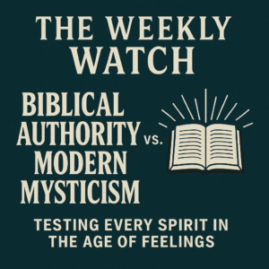 Bold graphic for The Weekly Watch titled 'Biblical Authority vs. Modern Mysticism: Testing Every Spirit in the Age of Feelings,' featuring an open Bible radiating light—symbolizing the clarity and sufficiency of Scripture over emotionalism and subjective spiritual experiences.