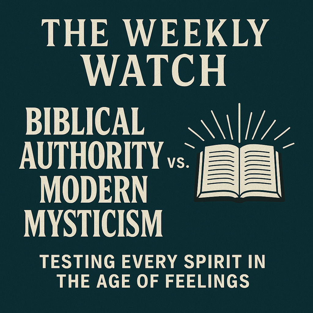 Bold graphic for The Weekly Watch titled 'Biblical Authority vs. Modern Mysticism: Testing Every Spirit in the Age of Feelings,' featuring an open Bible radiating light—symbolizing the clarity and sufficiency of Scripture over emotionalism and subjective spiritual experiences.