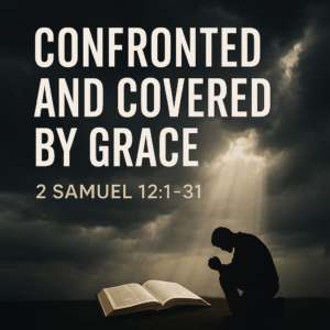 Kneeling man praying beside an open Bible under dramatic storm clouds with sunlight breaking through, symbolizing repentance and God's mercy – 2 Samuel 12:1–31