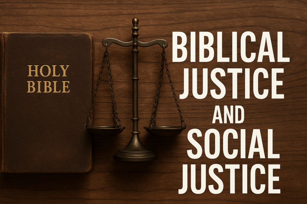 Scales of justice standing beside an open Bible on a wooden table, symbolizing the balance of truth and justice grounded in Scripture.
