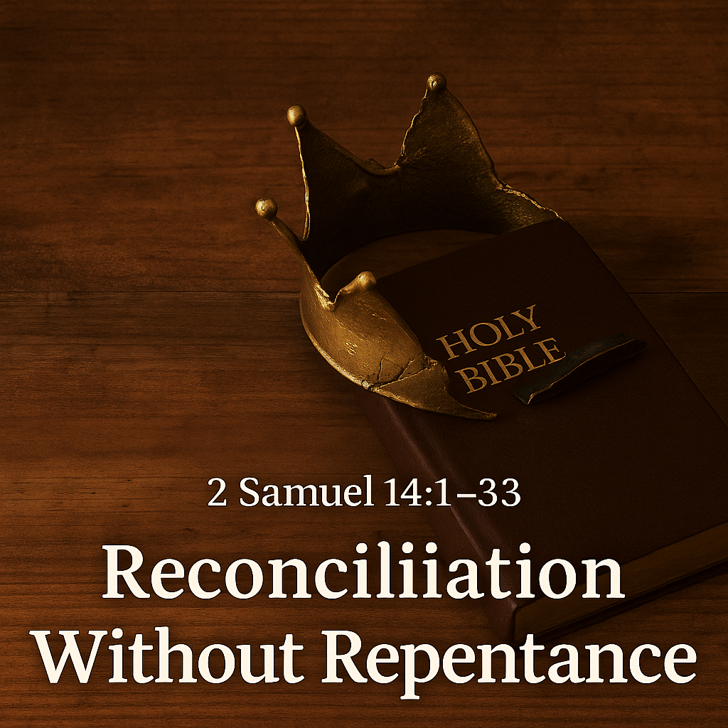 A cracked golden crown resting on a closed Holy Bible atop a wooden surface, symbolizing the theme of 2 Samuel 14:1–33—‘Reconciliation Without Repentance’—from the series Reading the Bible Daily with Dave.