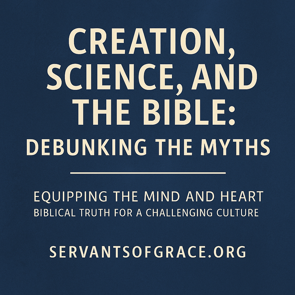 Digital graphic with the title ‘Creation, Science, and the Bible: Debunking the Myths’ in bold cream text on a deep blue background. Subtext reads ‘Equipping the Mind and Heart – Biblical Truth for a Challenging Culture’ and includes the website ‘servantsofgrace.org’ at the bottom.
