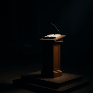 A pulpit standing alone in a darkened sanctuary, symbolizing isolation and the weight of pastoral responsibility.