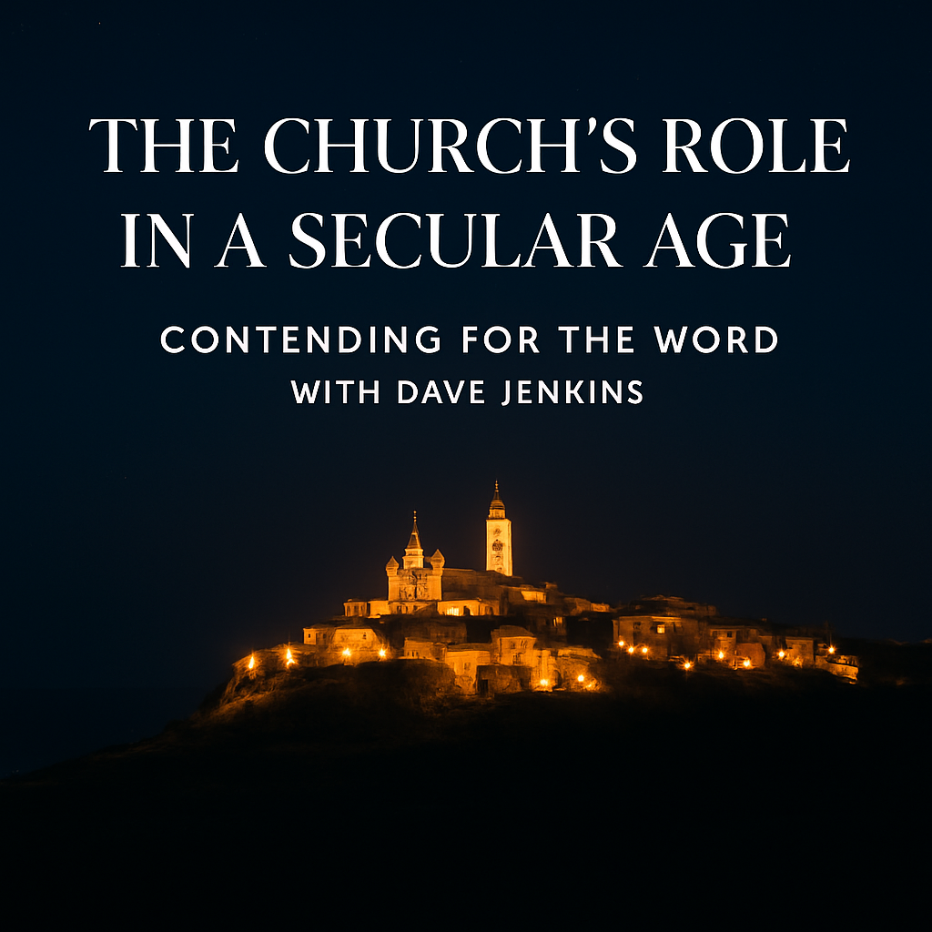 A glowing city on a hill at night, symbolizing the church as a beacon of light in a dark world.