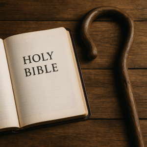 An open Holy Bible lies on a rustic wooden table beside a curved wooden shepherd’s staff, symbolizing biblical pastoral leadership and the role of a shepherd according to Scripture.