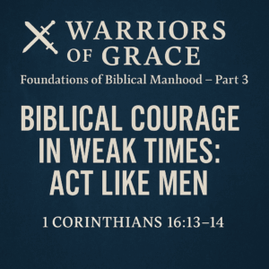 Promotional graphic for Warriors of Grace podcast episode titled ‘Biblical Courage in Weak Times: Act Like Men’ based on 1 Corinthians 16:13–14, featuring bold serif text over a dark blue textured background.