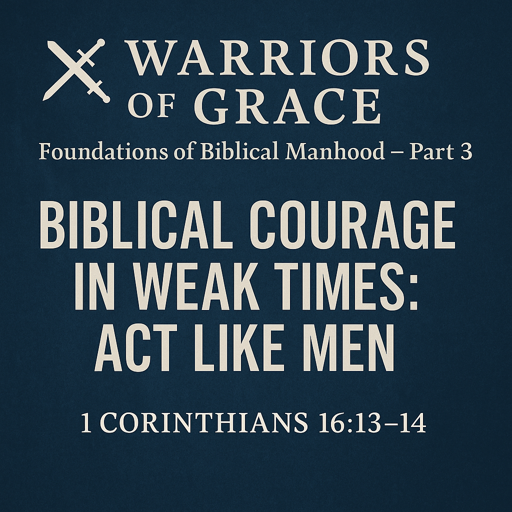 Promotional graphic for Warriors of Grace podcast episode titled ‘Biblical Courage in Weak Times: Act Like Men’ based on 1 Corinthians 16:13–14, featuring bold serif text over a dark blue textured background.