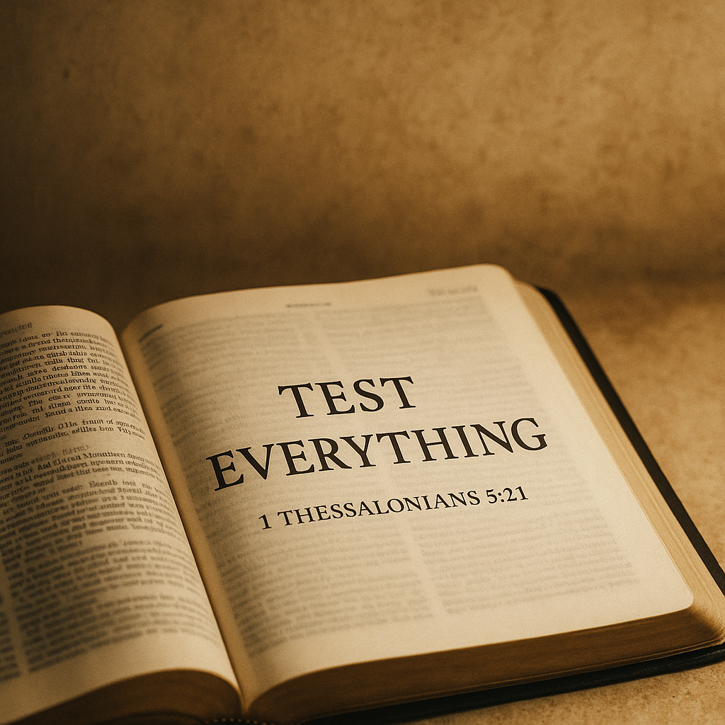 An open Bible rests on a warm, textured surface with the words “TEST EVERYTHING – 1 Thessalonians 5:21” printed boldly, symbolizing biblical discernment and the authority of Scripture.