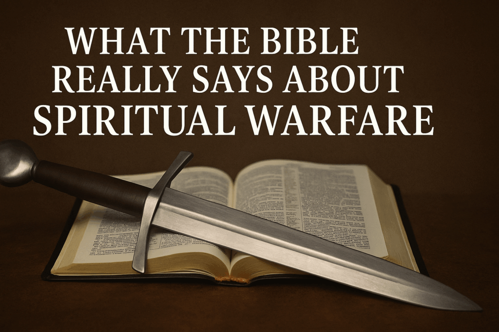 A close-up of a silver sword resting diagonally across an open Bible, set on a dark leather surface. Bold white text above the image reads, “What the Bible REALLY Says About Spiritual Warfare,” conveying a strong teaching theme with biblical authority and clarity.
