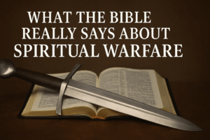A close-up of a silver sword resting diagonally across an open Bible, set on a dark leather surface. Bold white text above the image reads, “What the Bible REALLY Says About Spiritual Warfare,” conveying a strong teaching theme with biblical authority and clarity.
