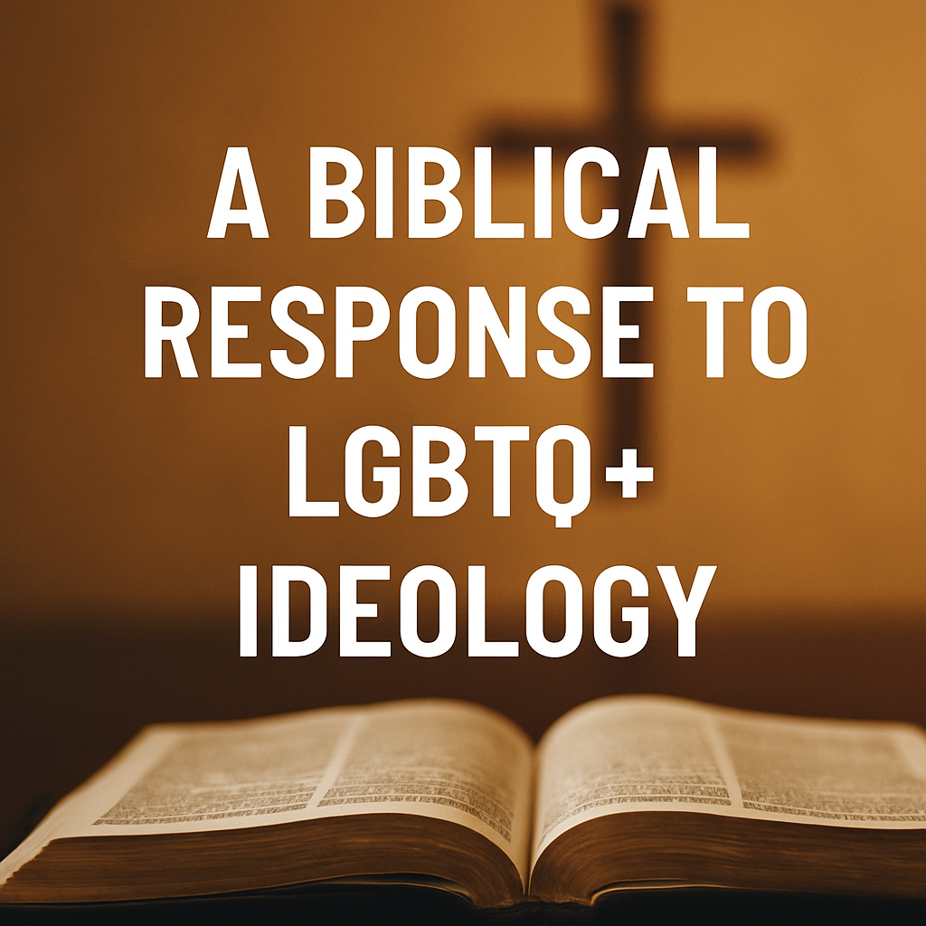An open Bible on a table with a blurred wooden cross in the background and bold white text overlay that reads, “A Biblical Response to LGBTQ+ Ideology – 1 Corinthians 6:11