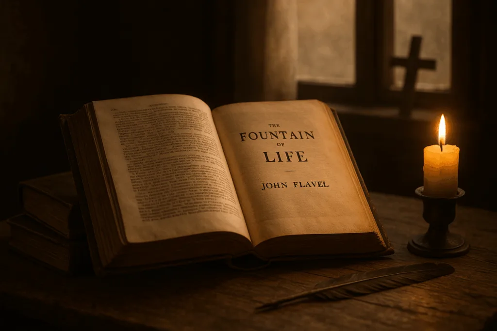 An open leather-bound book on a wooden desk with warm lighting, representing John Flavel’s The Fountain of Life