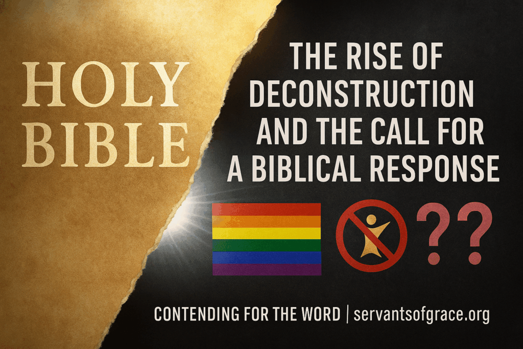 “A torn Bible page reveals cultural symbols underneath—a rainbow pride flag, a crossed-out cross symbol, and question marks—highlighting the tension between biblical truth and modern ideologies. The graphic features the title 'The Rise of Deconstruction and the Call for a Biblical Response' with the Servants of Grace branding at the bottom.