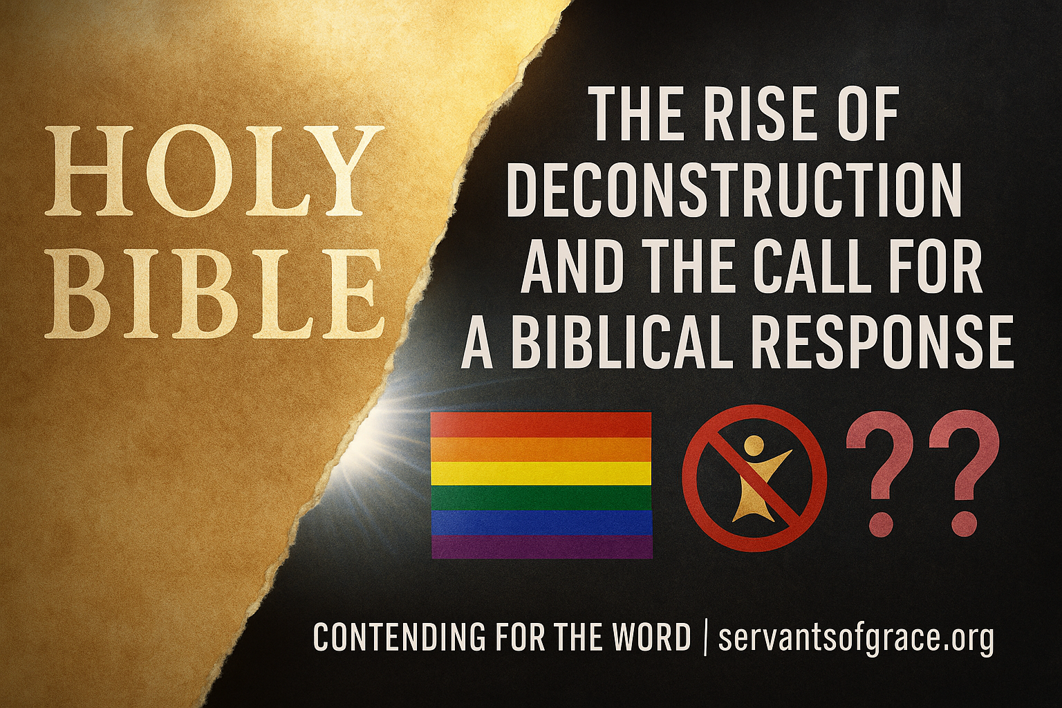 “A torn Bible page reveals cultural symbols underneath—a rainbow pride flag, a crossed-out cross symbol, and question marks—highlighting the tension between biblical truth and modern ideologies. The graphic features the title 'The Rise of Deconstruction and the Call for a Biblical Response' with the Servants of Grace branding at the bottom.