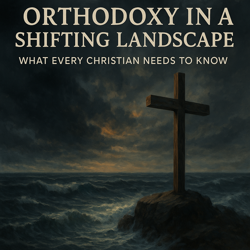 A large wooden cross stands firmly on a rocky outcrop surrounded by turbulent ocean waves under a dark, stormy sky. A warm glow breaks through the clouds behind the cross, symbolizing hope and steadfast faith. The title "Orthodoxy in a Shifting Landscape" and subtitle "What Every Christian Needs to Know" appear above in bold serif font.