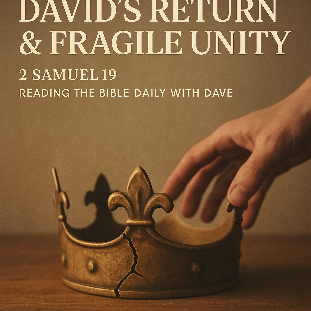 A cracked golden crown rests on a wooden surface as a hand gently reaches to lift it, symbolizing fragile leadership and restoration. The image features the title “David’s Return & Fragile Unity – 2 Samuel 19 – Reading the Bible Daily with Dave” in classic serif font against a warm, earthy background.