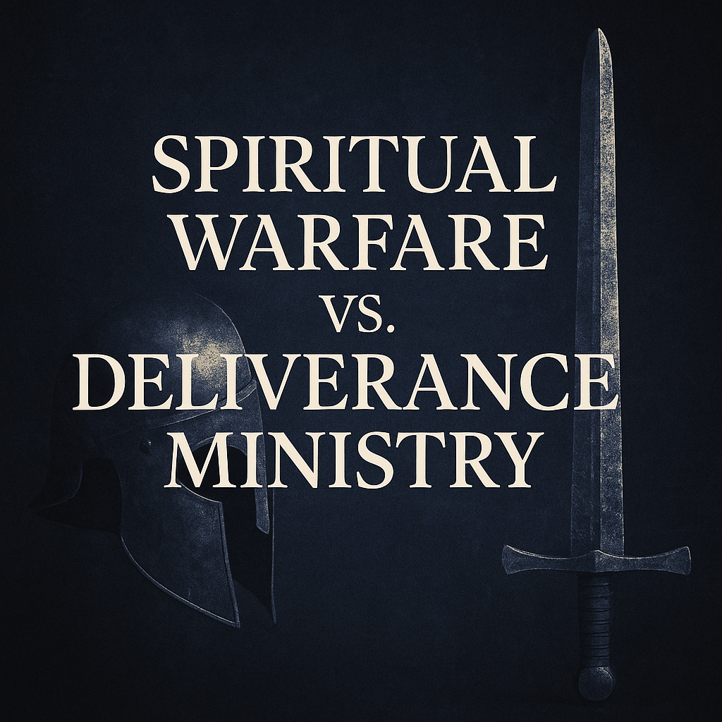 Spiritual Warfare vs. Deliverance Ministry” title graphic featuring a Corinthian helmet on the left and a sword on the right, symbolizing biblical battle imagery.