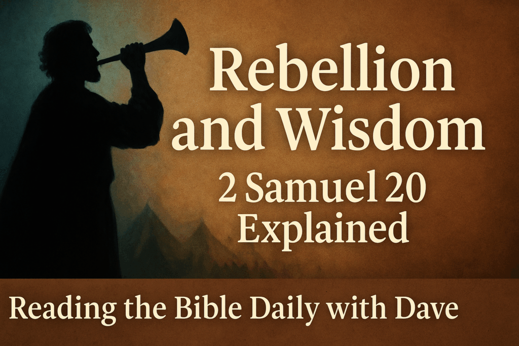 Silhouette of a man blowing a trumpet beside the title “Rebellion and Wisdom – 2 Samuel 20 Explained” on a parchment background with the subtitle “Reading the Bible Daily with Dave.