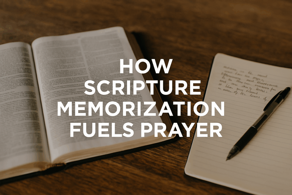 Open Bible and notebook with pen on a wooden table, overlaid text reading ‘How Scripture Memorization Fuels Prayer