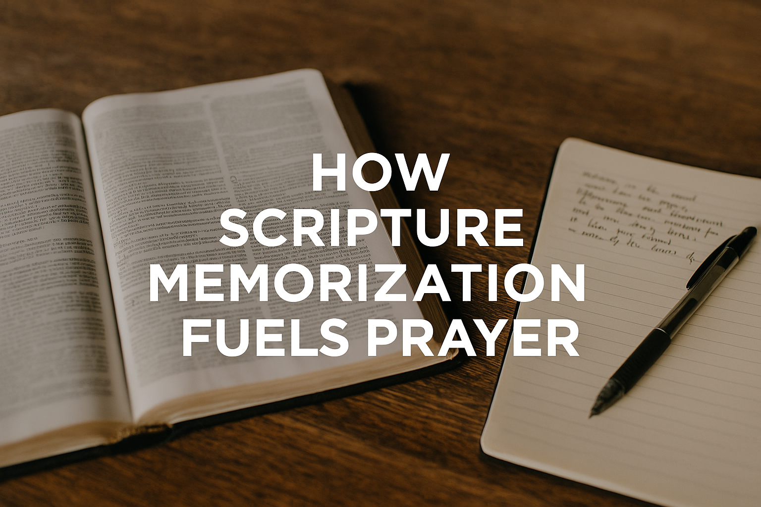 Open Bible and notebook with pen on a wooden table, overlaid text reading ‘How Scripture Memorization Fuels Prayer