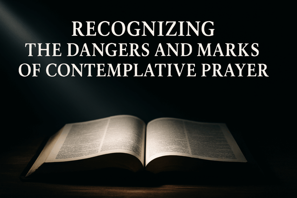 An open Bible illuminated by a beam of light in a dark room, with the title “Recognizing the Dangers and Marks of Contemplative Prayer” overlaid in bold white text.