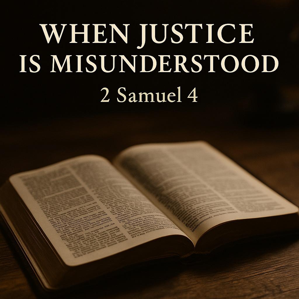 An open Bible resting on a wooden surface, partially illuminated by warm light from the left. The title "WHEN JUSTICE IS MISUNDERSTOOD" is prominently displayed at the top, with "2 Samuel 4" below it in an elegant serif font, creating a serene and reflective atmosphere.