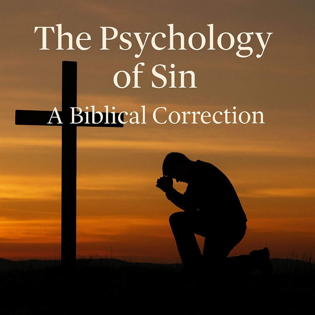 Silhouette of a man kneeling in prayer before a wooden cross at sunset, with the title “The Psychology of Sin: A Biblical Correction” overlaid above in white text.
