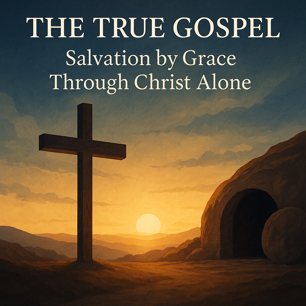 A wooden cross stands on a hill at sunrise, casting a long shadow across rugged terrain, while an empty tomb with the stone rolled away sits nearby—symbolizing the resurrection and the gospel message of salvation by grace through Christ alone.