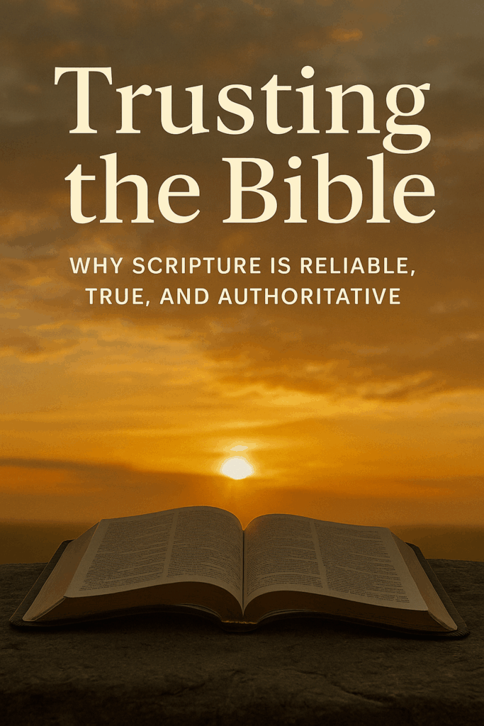 Open Bible resting on a stone surface at sunrise with the title "Trusting the Bible: Why Scripture Is Reliable, True, and Authoritative" overlaid on a warm, golden sky.